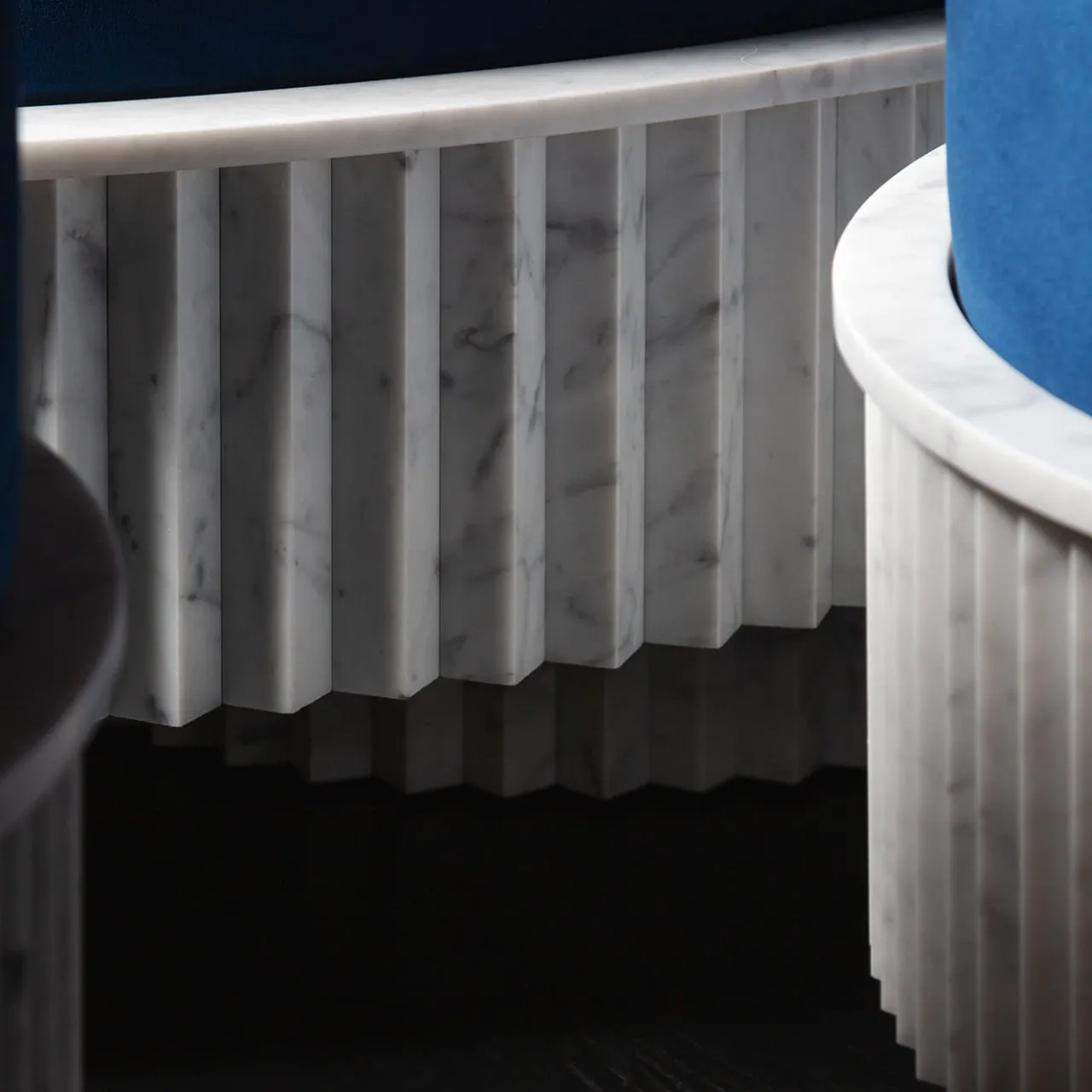 Fuda Ottomans & Poufs<Large Spike Blue Velvet and Carrara Marble Ottoman By Nick Maltese