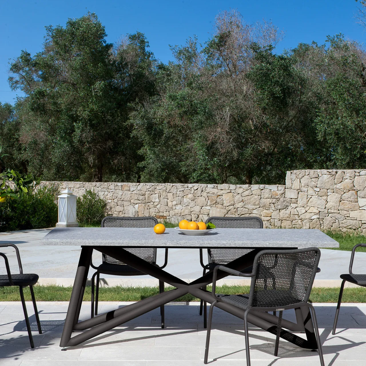 Veltha Outdoor Stone Design Outdoor Dining Tables<Larte 200 Rectangular Gray Peperino Stone and Brown Steel Outdoor Dining Table