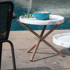 Veltha Outdoor Stone Design Side Tables<Lase White Carrara Marble With Canaletto Walnut Legs Side Table
