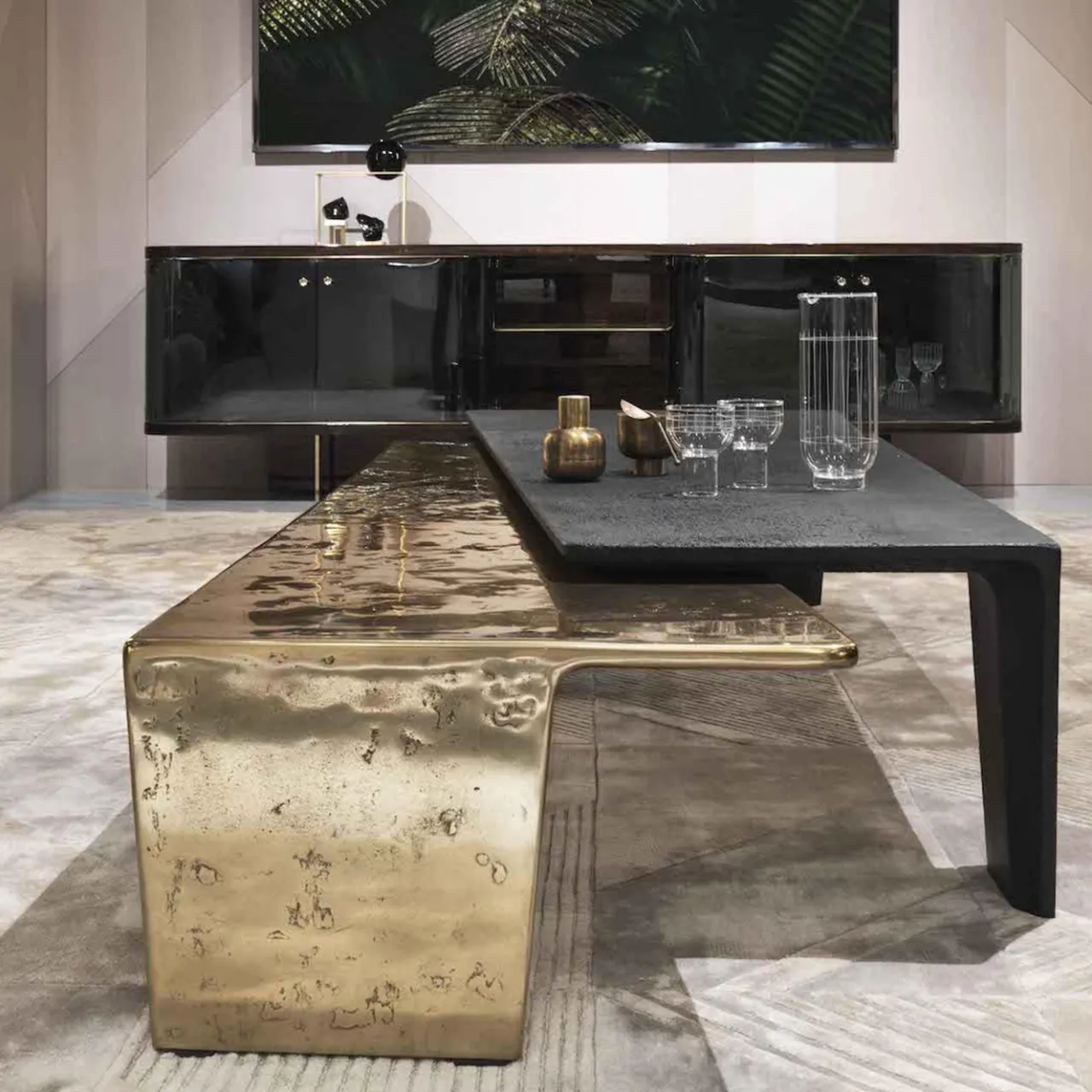Visionnaire Nesting Tables<Lego Gold Alluminium And Black Marble Nesting Table