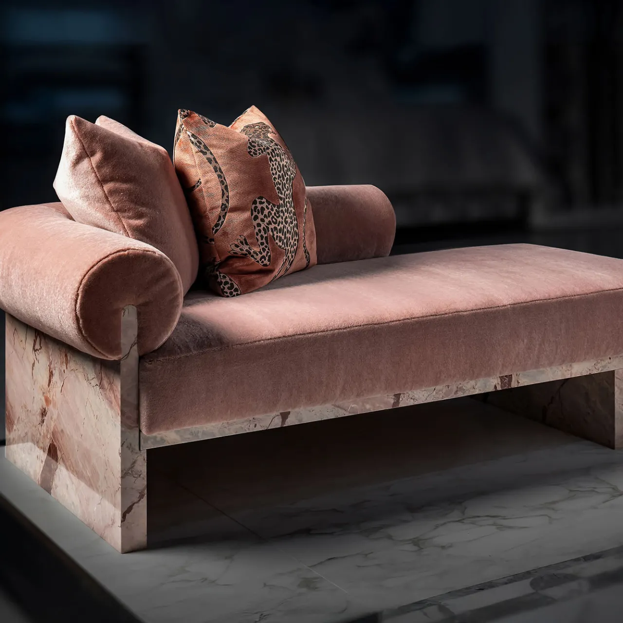 Fuda Chaises<Luna Pink Siena marble and mohair silk chaise by Sheree Stuart Design
