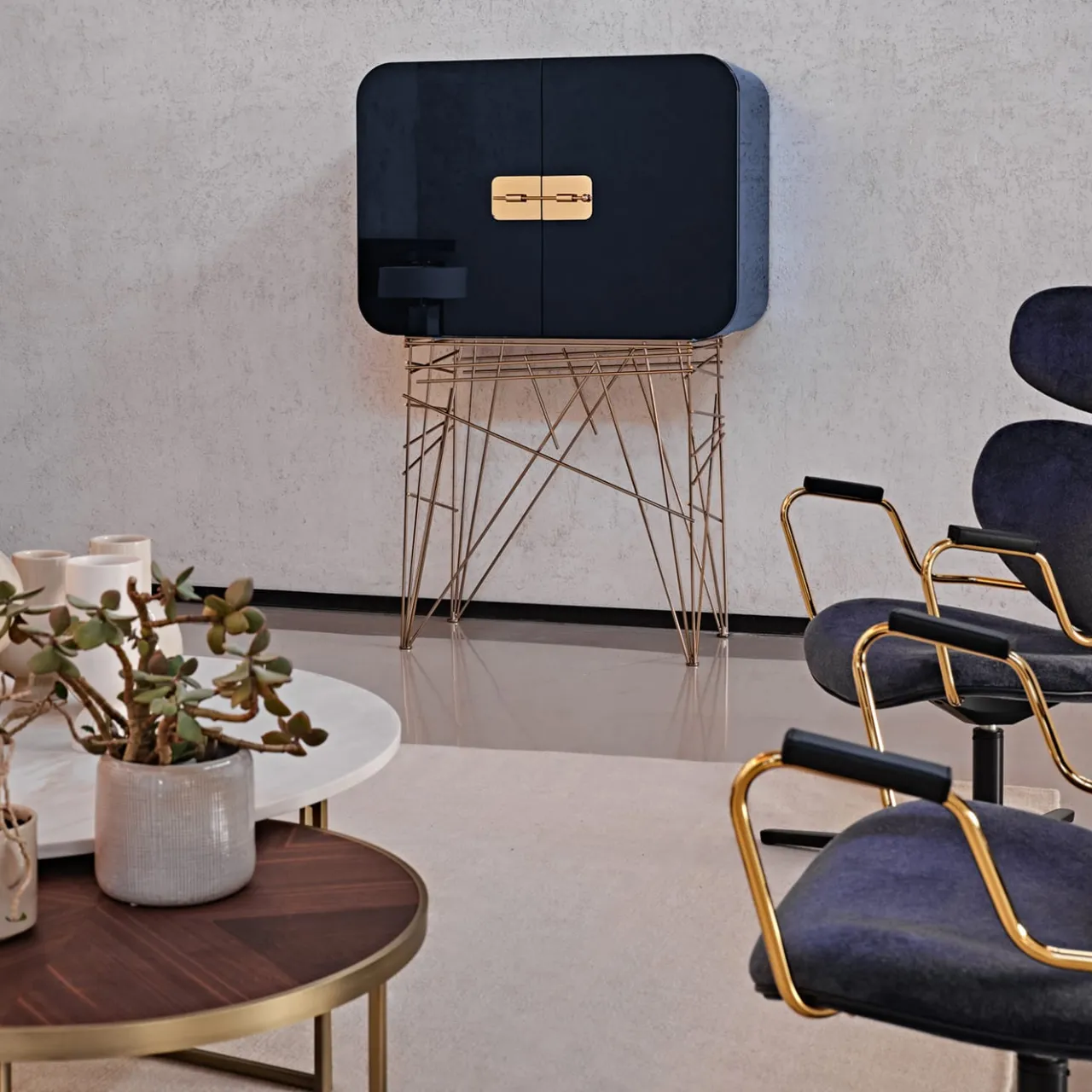 Black Tie Bar Cabinets<Mai Tai Blue-Black Wooden & Golden Metal Bar Cabinet