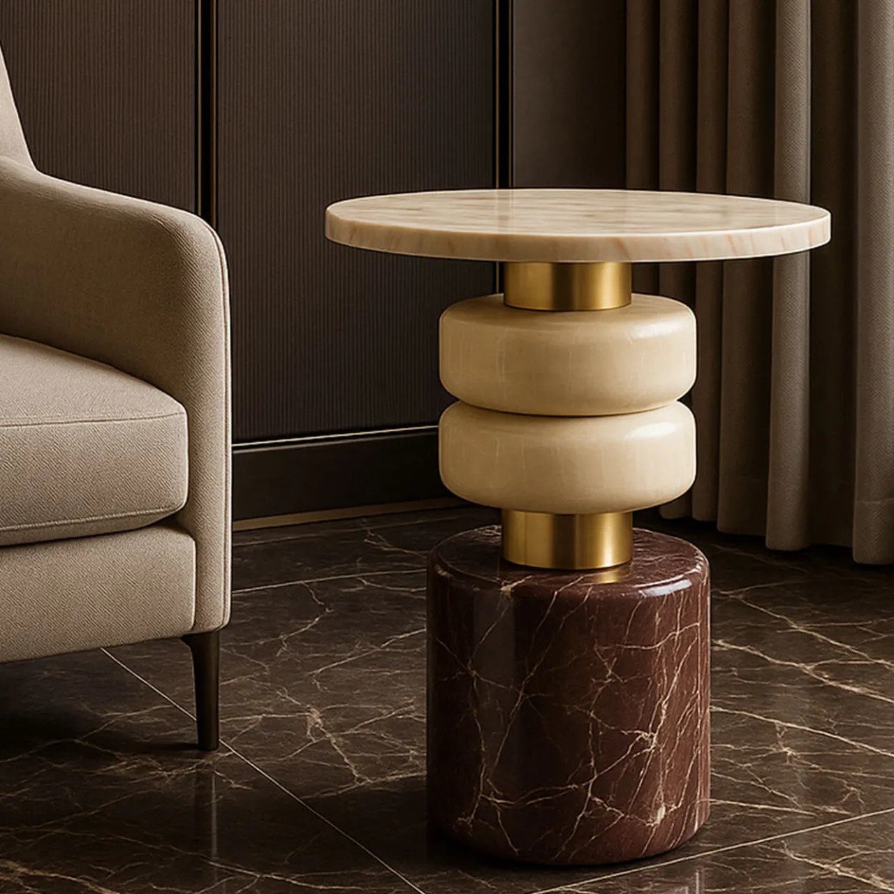 Giovannozzi Marmi Side Tables<Marsmallow Onyx & Red Travertine Marble Side Table by Ashley Gadeova
