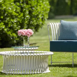 Officina Ciani Outdoor Sofas & Benches<Molle Light Blue Fabric & White Steel Outdoor Sofa