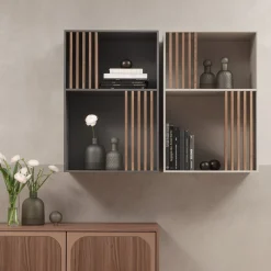 Morica Design Bookcases<Mondrian Pechino Beige Bookcase with Solid Wood Walnut-Stained Accents