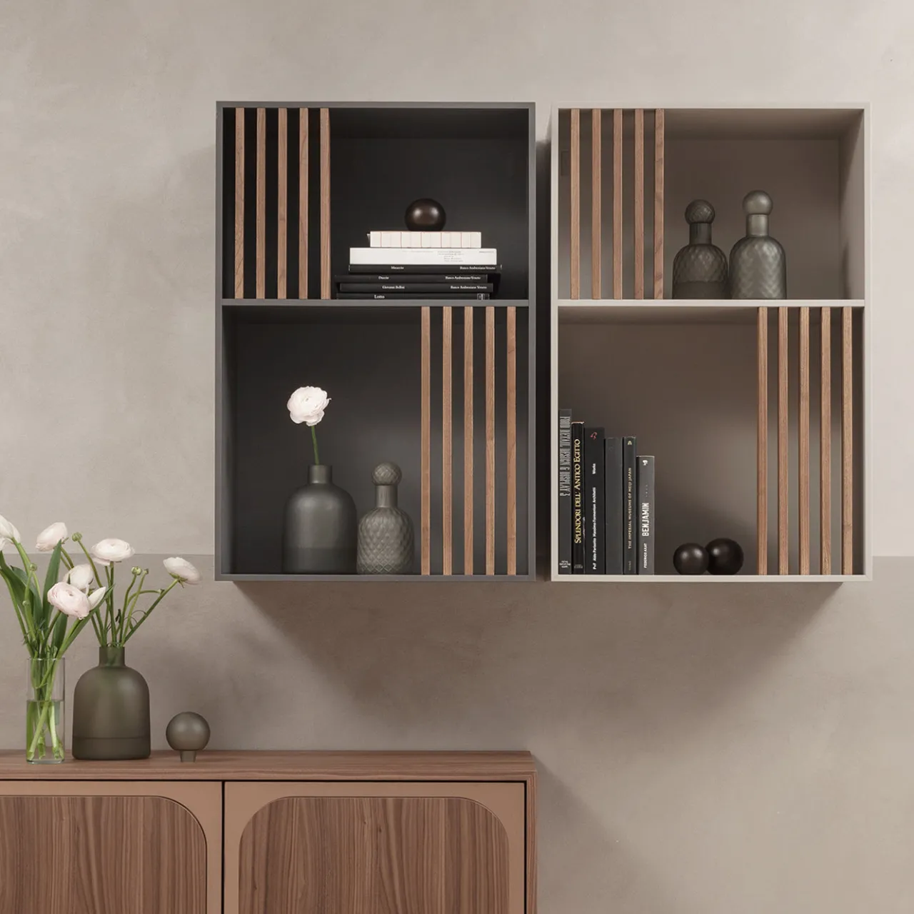 Morica Design Bookcases<Mondrian Pechino Beige Bookcase with Solid Wood Walnut-Stained Accents