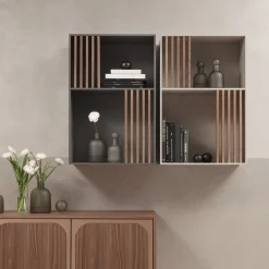Morica Design Bookcases<Mondrian Volcano Gray Bookcase with Solid Wood Walnut-Stained Accents