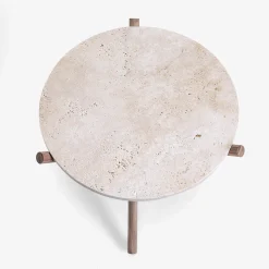 Veltha Outdoor Stone Design Side Tables<Naturam Beige Travertine Stone With Canaletto Walnut Legs Side Table