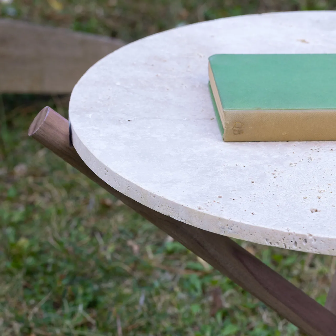 Veltha Outdoor Stone Design Side Tables<Naturam Beige Travertine Stone With Canaletto Walnut Legs Side Table