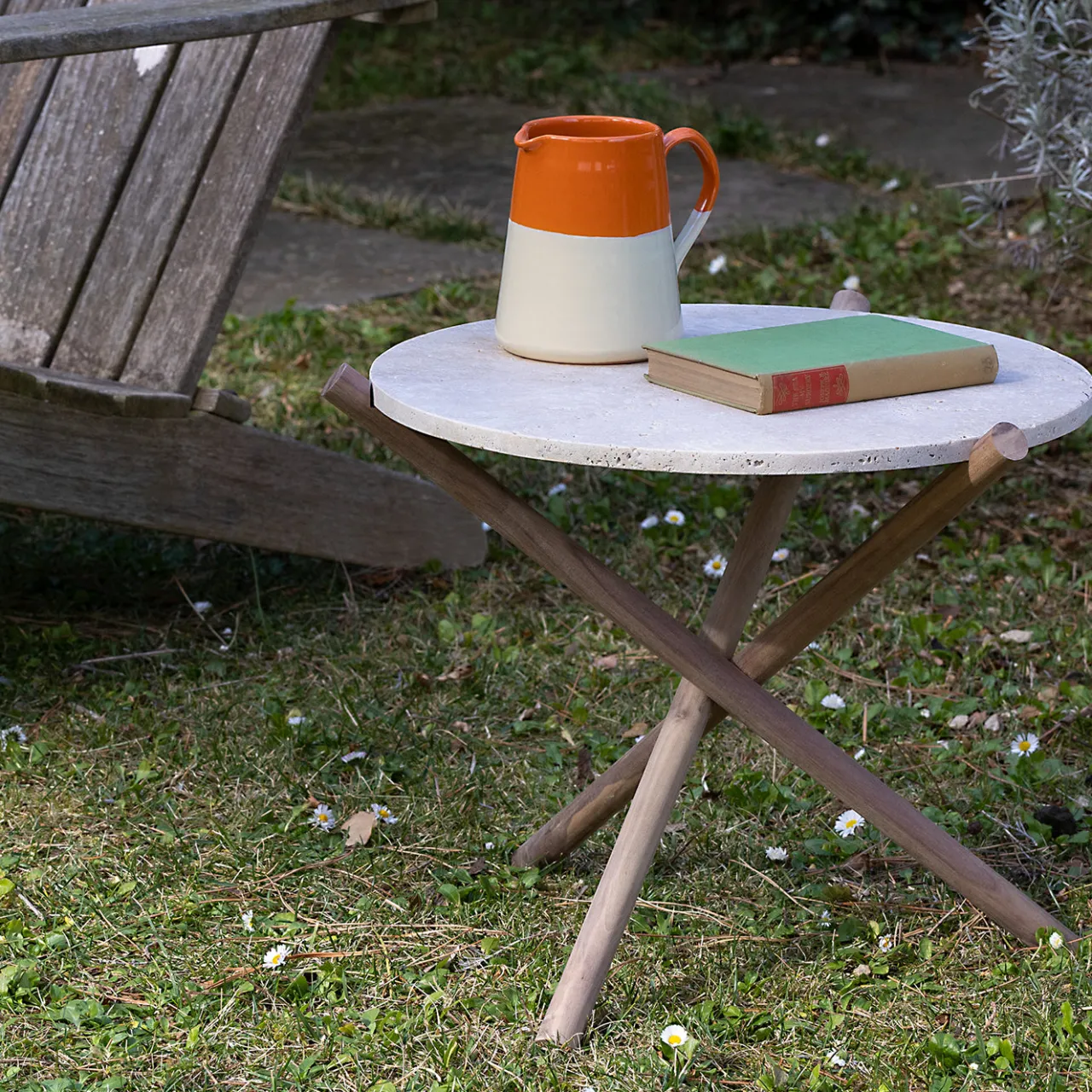 Veltha Outdoor Stone Design Side Tables<Naturam Beige Travertine Stone With Canaletto Walnut Legs Side Table