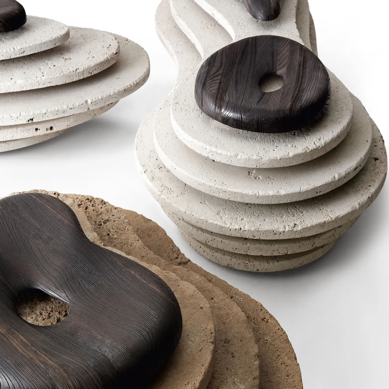 Kreoo Stools<Oasi N.1 Seating in Travertino Paglierino and Aged Larch