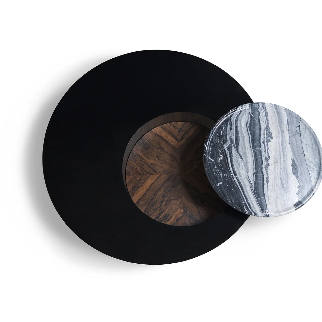 Visionnaire Coffee Tables<Orbital Lacquered Black Wood With Marble Tray Round Coffe Table