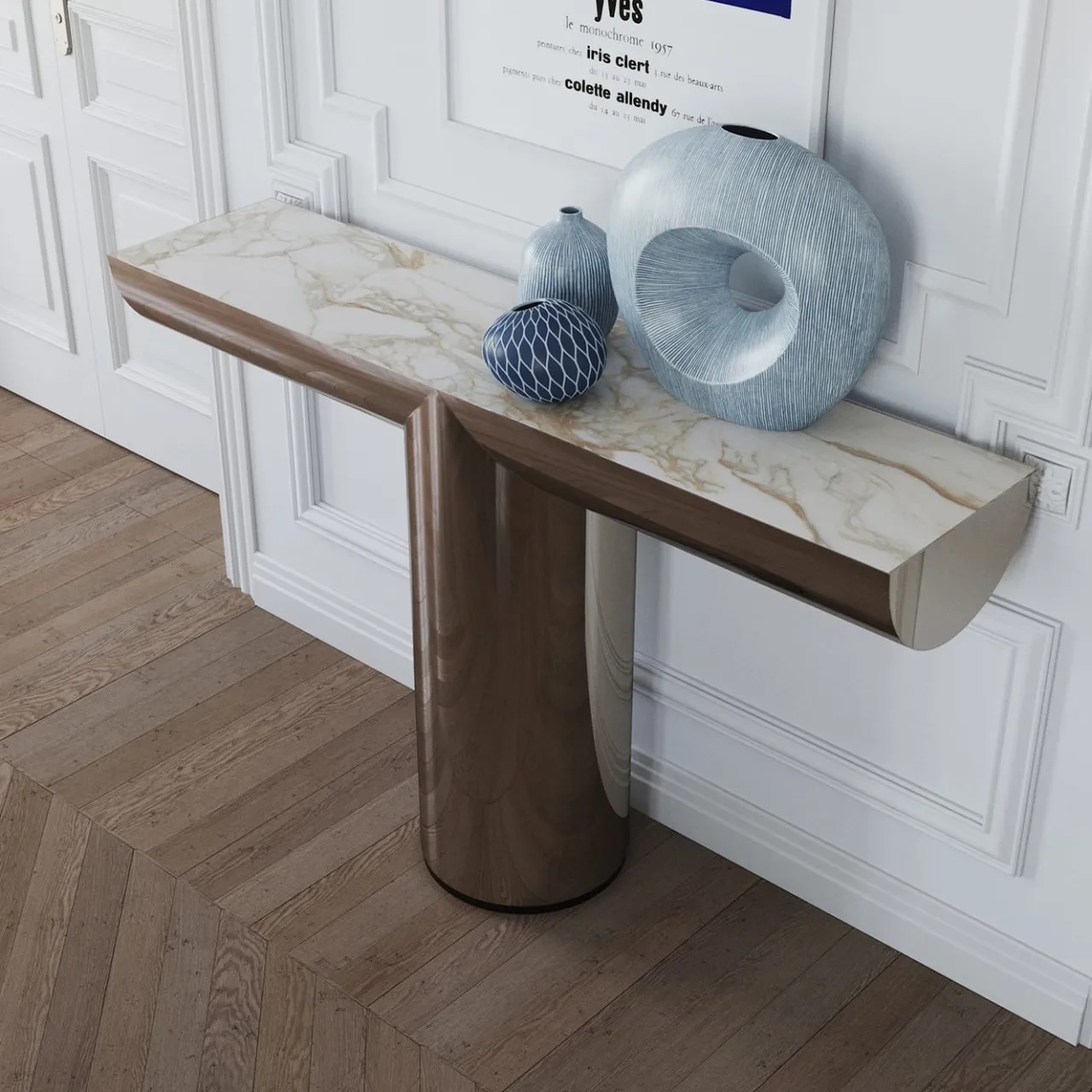 Ultramobili Consoles<Perseo Polished Steel With Calacatta Oro Marble Top Console