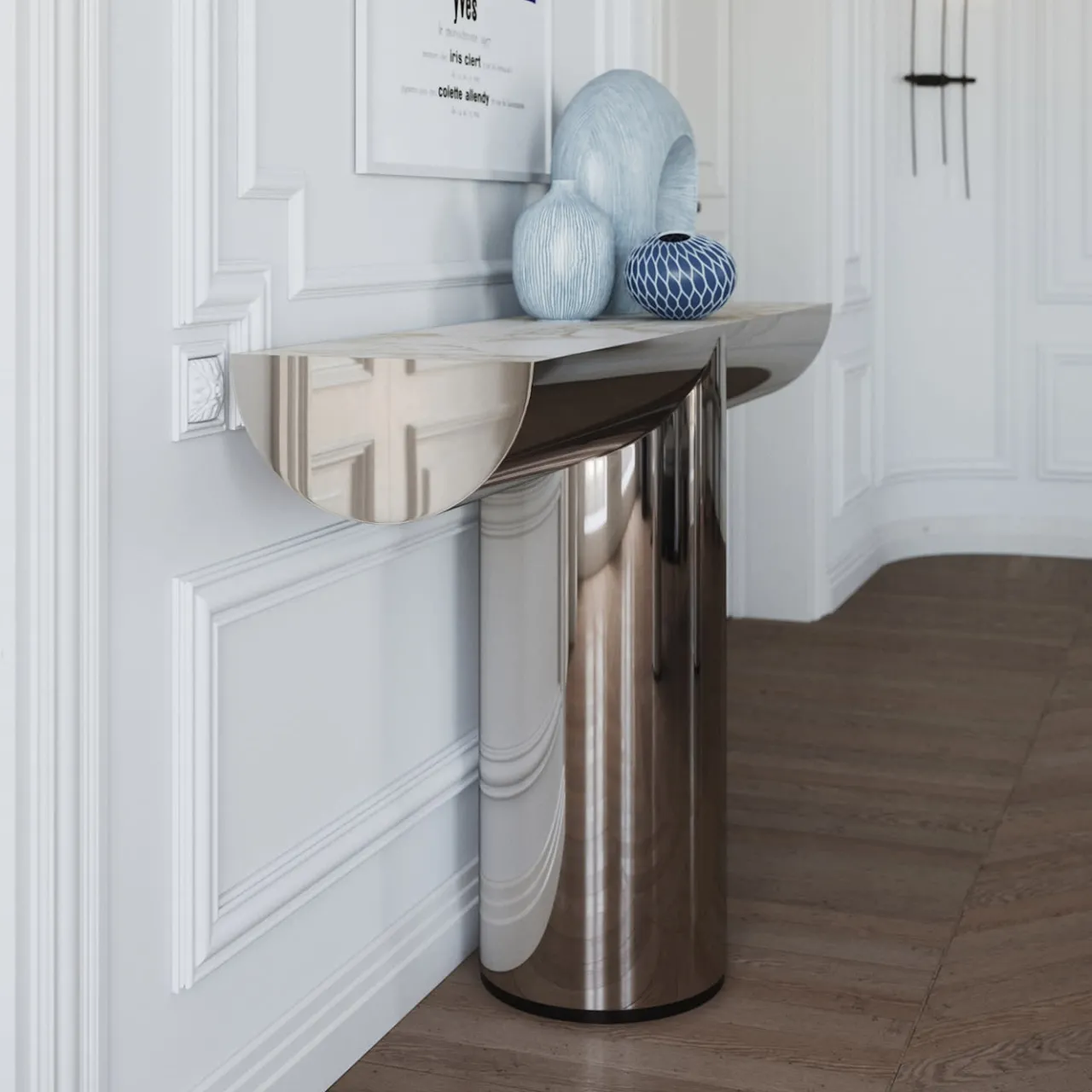 Ultramobili Consoles<Perseo Polished Steel With Calacatta Oro Marble Top Console