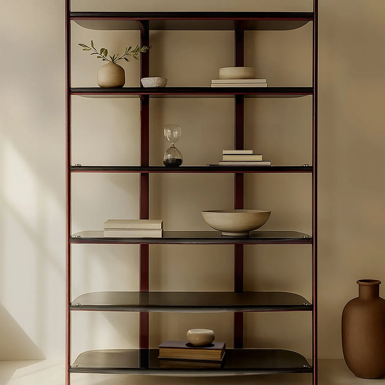 Borzalino Bookcases<Petra Red Metal Bookcase with Curved Bronze Glass Shelves