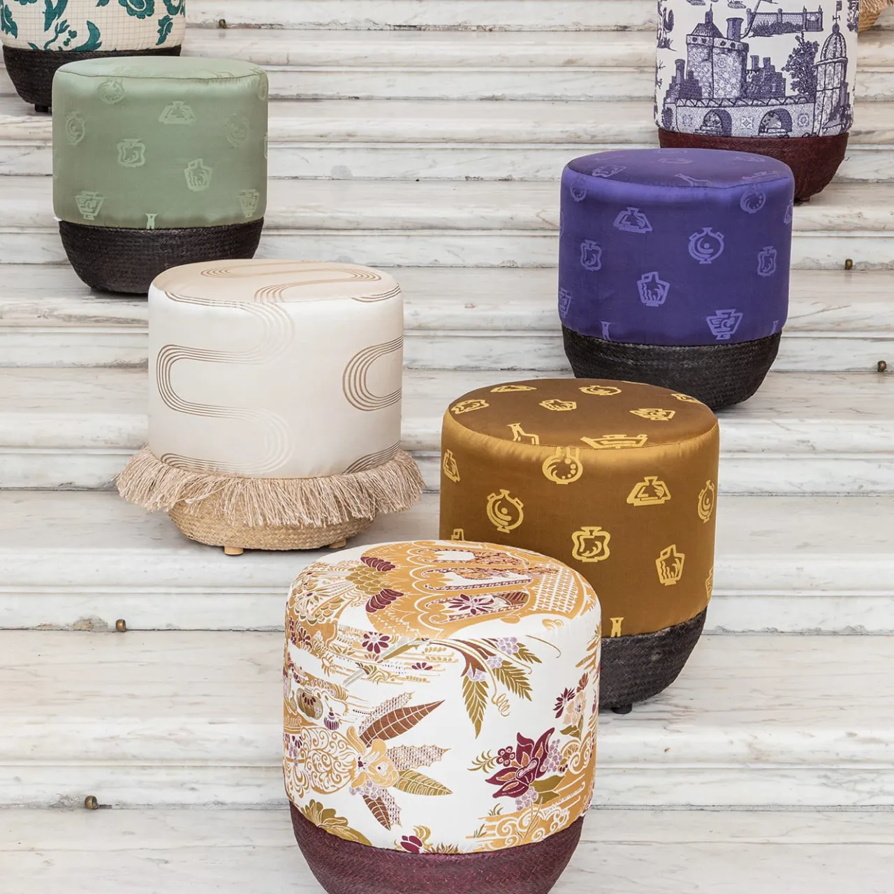 Grand Tour by Vito Nesta Ottomans & Poufs<Pouf Vague Ivory with Rubelli archive fabric and basket base