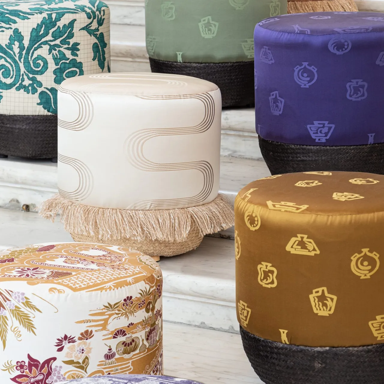 Grand Tour by Vito Nesta Ottomans & Poufs<Pouf Vague Ivory with Rubelli archive fabric and basket base