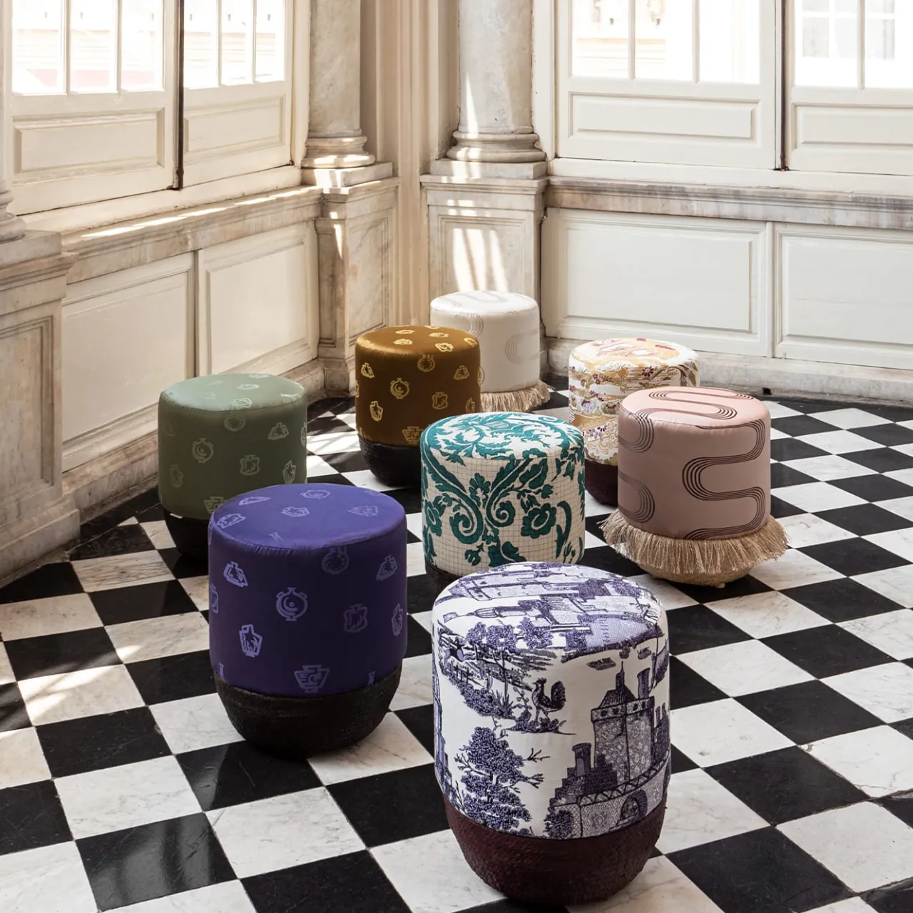Grand Tour by Vito Nesta Ottomans & Poufs<Pouf Vague Pink with Rubelli archive fabric and basket base