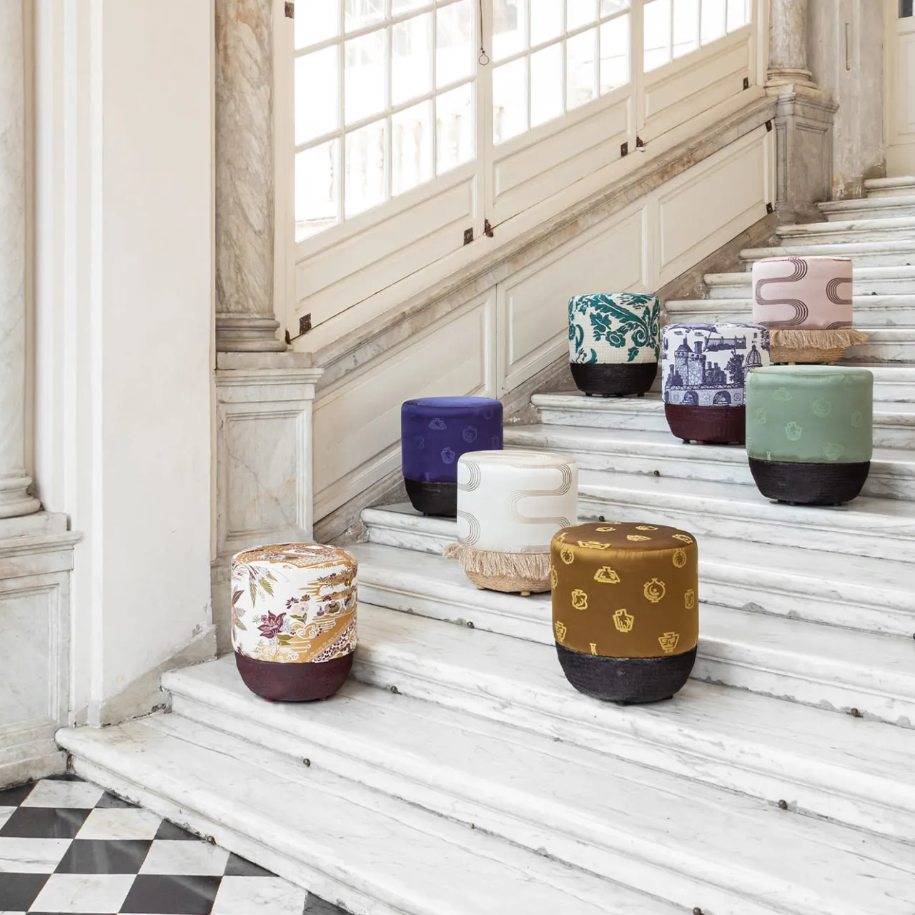 Grand Tour by Vito Nesta Ottomans & Poufs<Pouf Vague Pink with Rubelli archive fabric and basket base