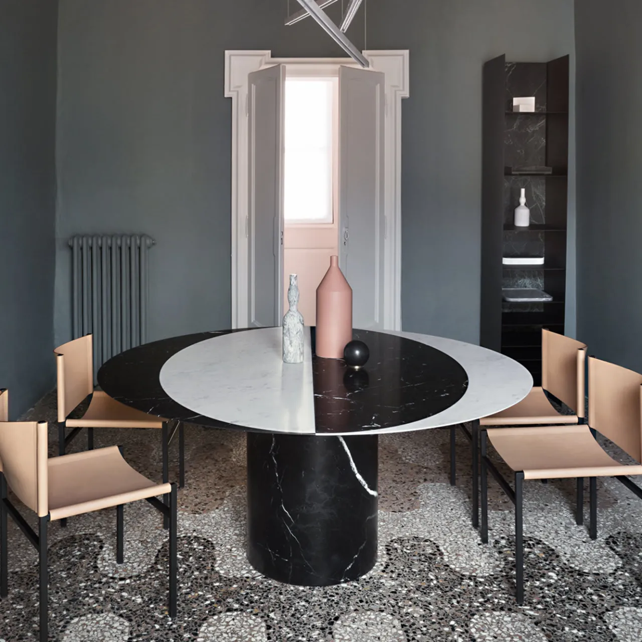 Salvatori Dining Tables<Proiezioni Round Black and White Marble Dining Table #1 by Elisa Ossino