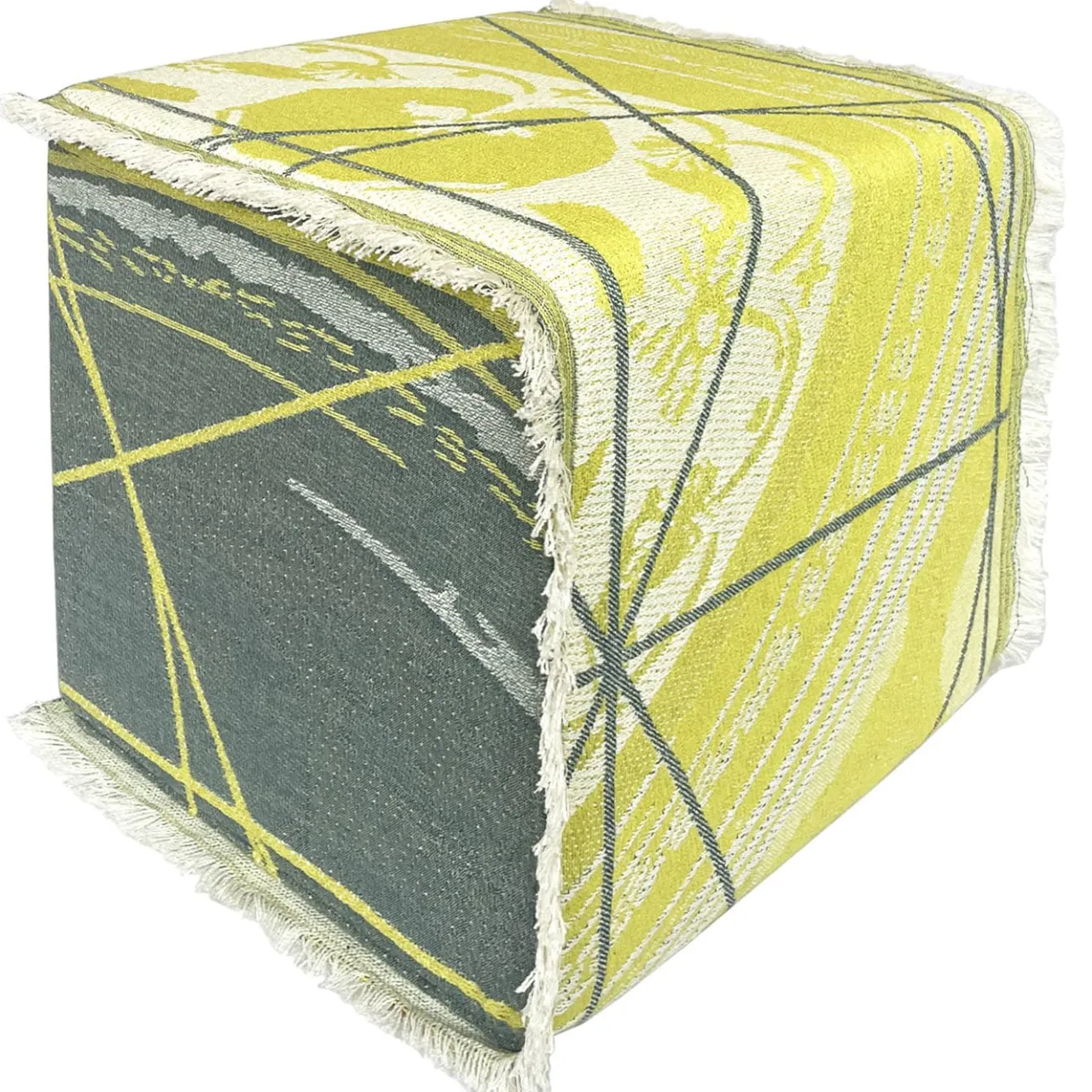 Effimero Barocco Ottomans & Poufs<Reverso Fringed Cedar Yellow & Blue/Seaweed Green Jacquard Pouf
