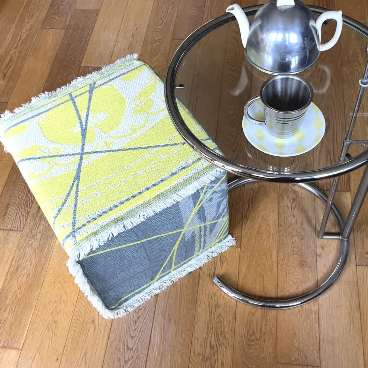 Effimero Barocco Ottomans & Poufs<Reverso Fringed Cedar Yellow & Blue/Seaweed Green Jacquard Pouf
