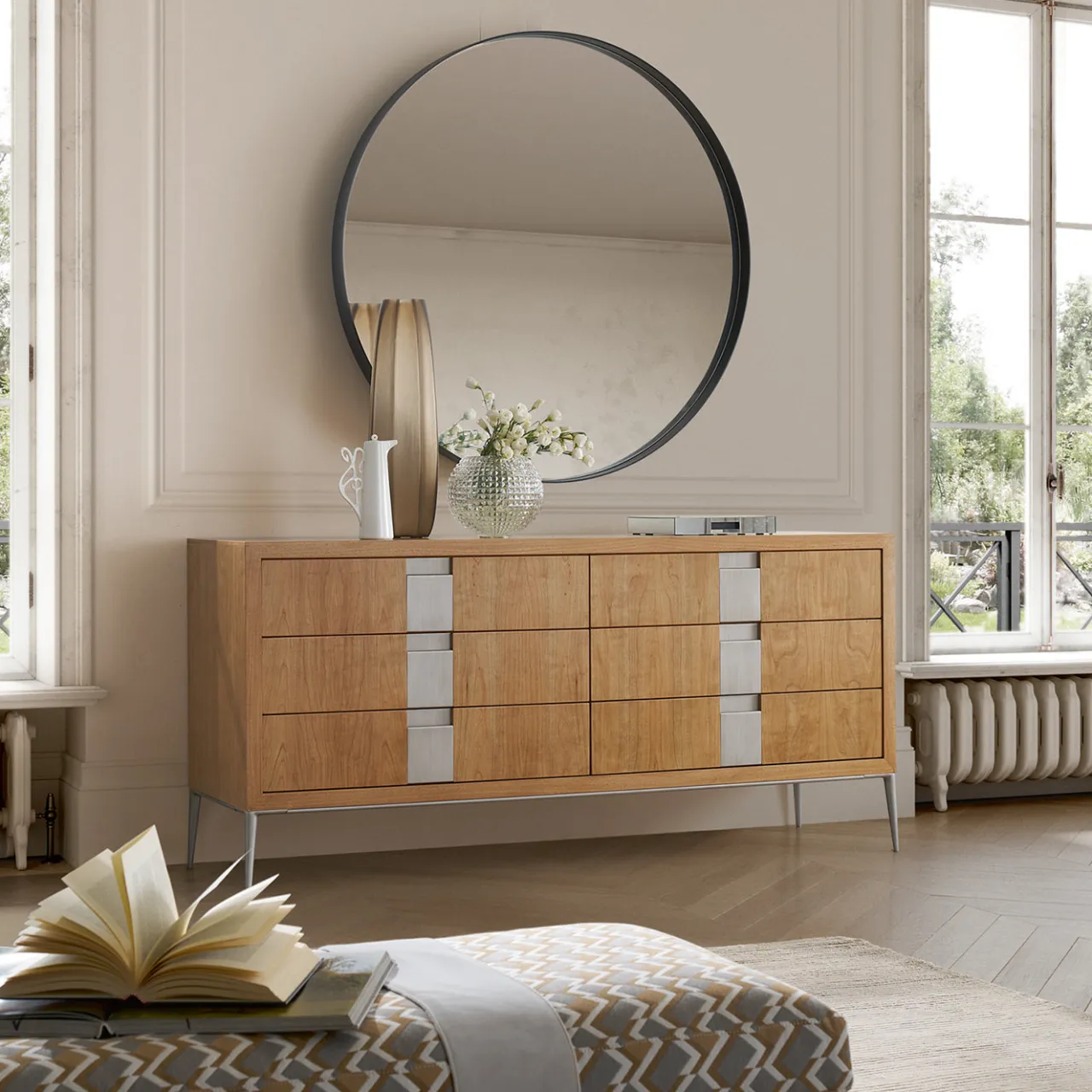 LCI_DECORA Dressers<Roma 6-Drawer Brown Dresser with Chrome Base