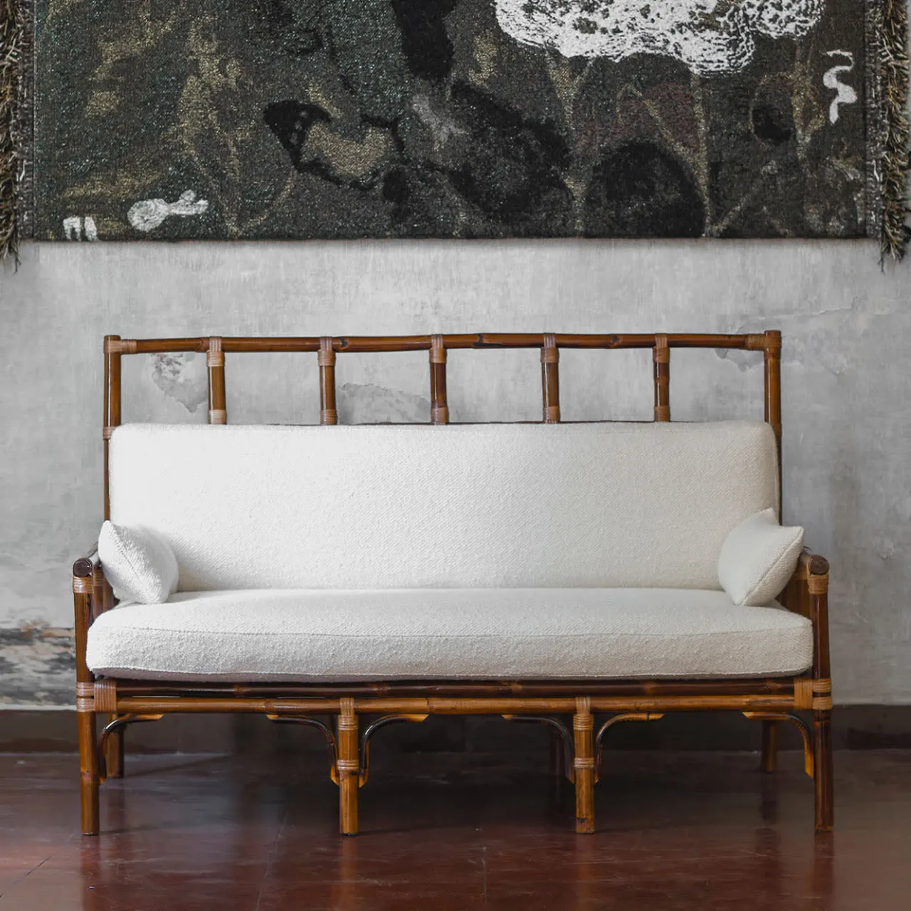 Molto Collectibles Benches<2-Seater White Dedar Fabric & Bamboo Bench