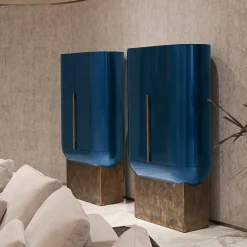 Visionnaire Bar Cabinets<Siona Blue Polished Lacquered Wood And Leather Bar Unit