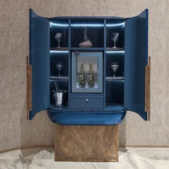 Visionnaire Bar Cabinets<Siona Blue Polished Lacquered Wood And Leather Bar Unit