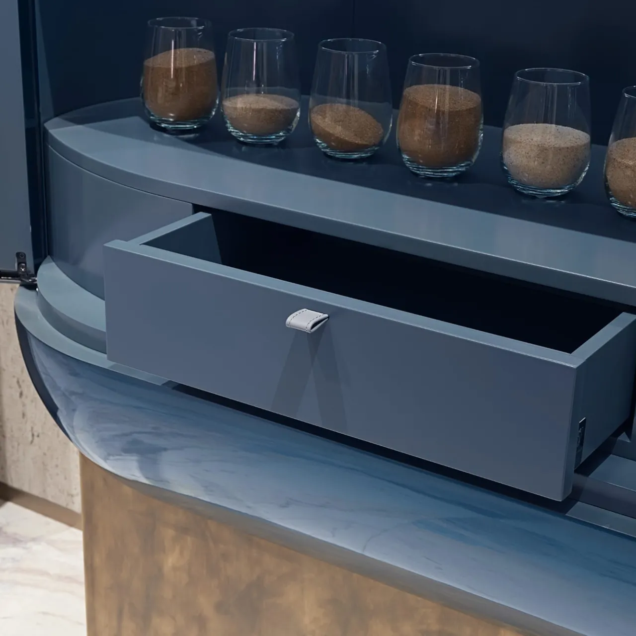 Visionnaire Bar Cabinets<Siona Blue Polished Lacquered Wood And Leather Bar Unit