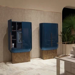 Visionnaire Bar Cabinets<Siona Blue Polished Lacquered Wood And Leather Bar Unit