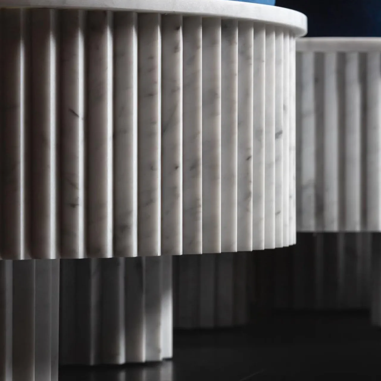 Fuda Ottomans & Poufs<Small Spike Blue Velvet and Carrara Marble Pouf By Nick Maltese