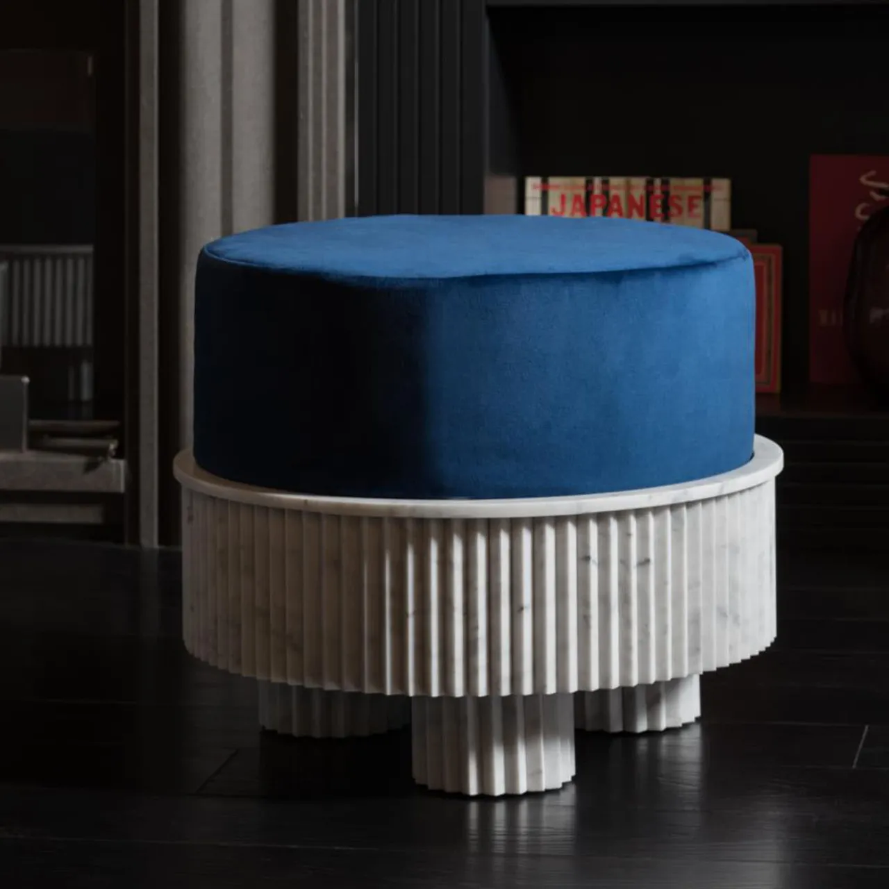 Fuda Ottomans & Poufs<Small Spike Blue Velvet and Carrara Marble Pouf By Nick Maltese