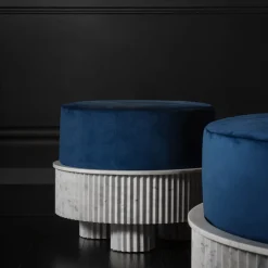 Fuda Ottomans & Poufs<Small Spike Blue Velvet and Carrara Marble Pouf By Nick Maltese