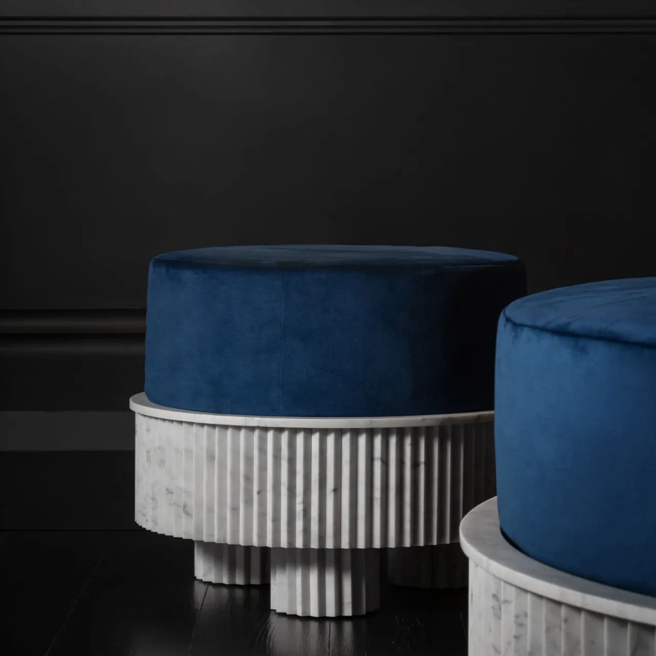 Fuda Ottomans & Poufs<Small Spike Blue Velvet and Carrara Marble Pouf By Nick Maltese