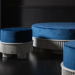 Fuda Ottomans & Poufs<Small Spike Blue Velvet and Carrara Marble Pouf By Nick Maltese