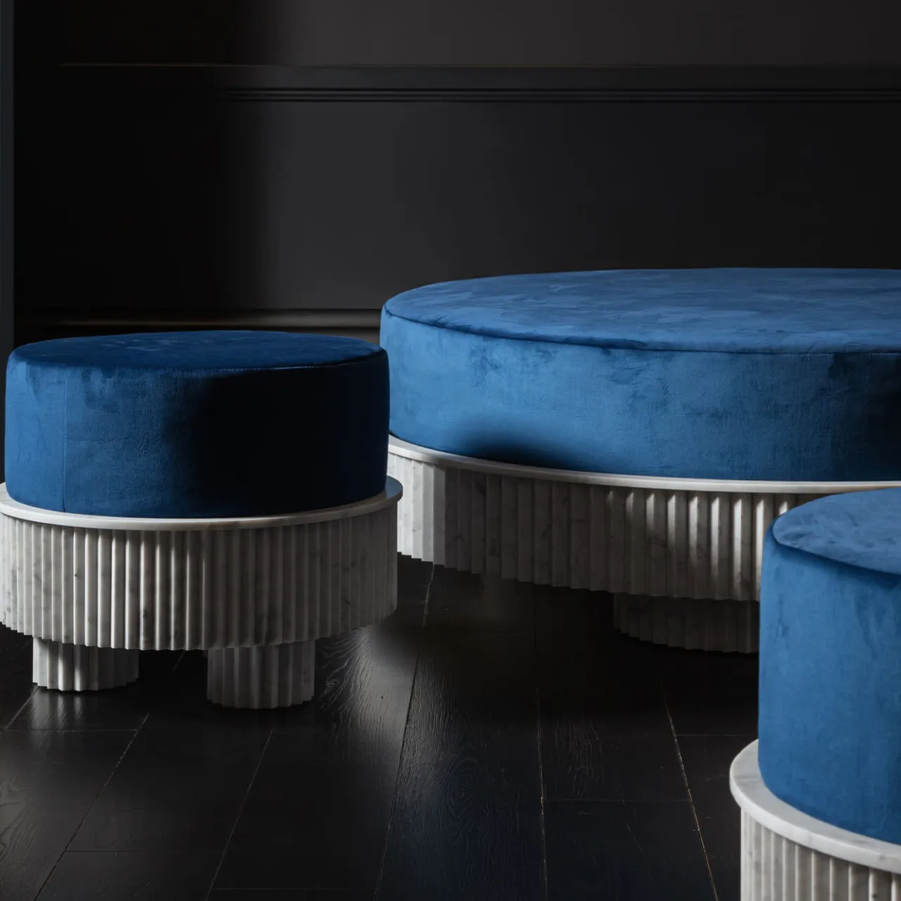 Fuda Ottomans & Poufs<Small Spike Blue Velvet and Carrara Marble Pouf By Nick Maltese