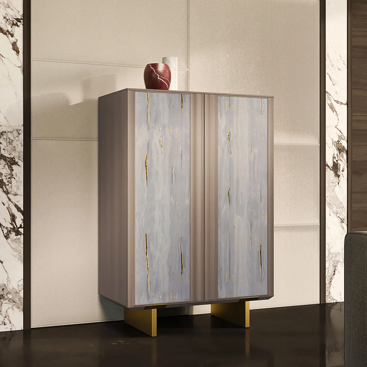 Arcari Arredamenti Cabinets<Solferino Canaletto walnut Concrete gray-blue glass doors sideboard