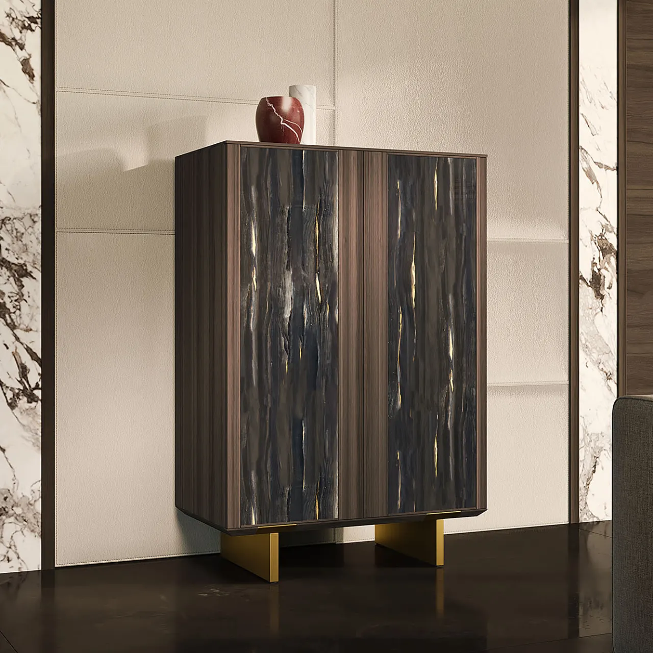 Arcari Arredamenti Cabinets<Solferino Canaletto walnut burnished black art glass doors sideboard