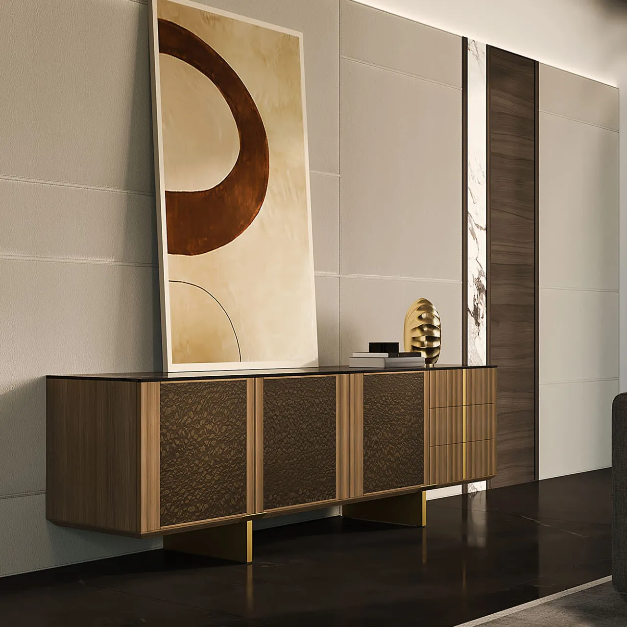 Arcari Arredamenti Sideboards Buffets<Solferino natural walnut top Laminam Gres Noir doors Carbalho sideboard