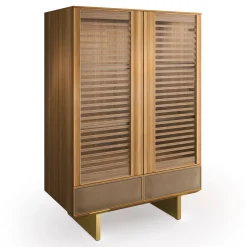 Arcari Arredamenti Cabinets<Solferino walnut Canaletto natural glass doors slats drawer leather Sideboard