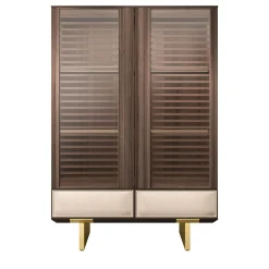 Arcari Arredamenti Cabinets<Solferino walnut Canaletto slatted glass doors leather drawer sideboard