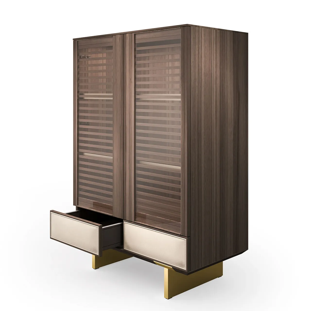 Arcari Arredamenti Cabinets<Solferino walnut Canaletto slatted glass doors leather drawer sideboard