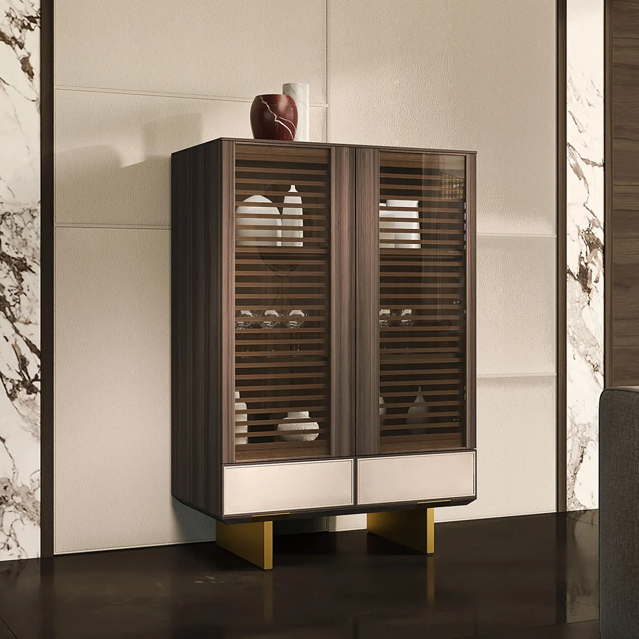 Arcari Arredamenti Cabinets<Solferino walnut Canaletto slatted glass doors leather drawer sideboard