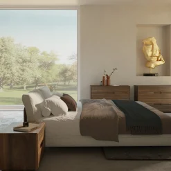Riva 1920 Beds<Sospiro solid walnut wood and Taupe bouclé fabric Bed