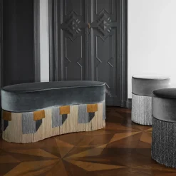Lorenza Bozzoli Couture Ottomans & Poufs<Sparkle Black Oval Ottoman with Black and Silver Fringe
