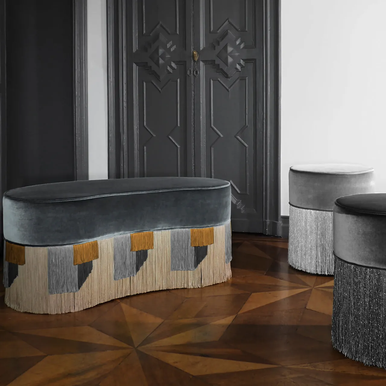 Lorenza Bozzoli Couture Ottomans & Poufs<Sparkle Black Oval Ottoman with Black and Silver Fringe
