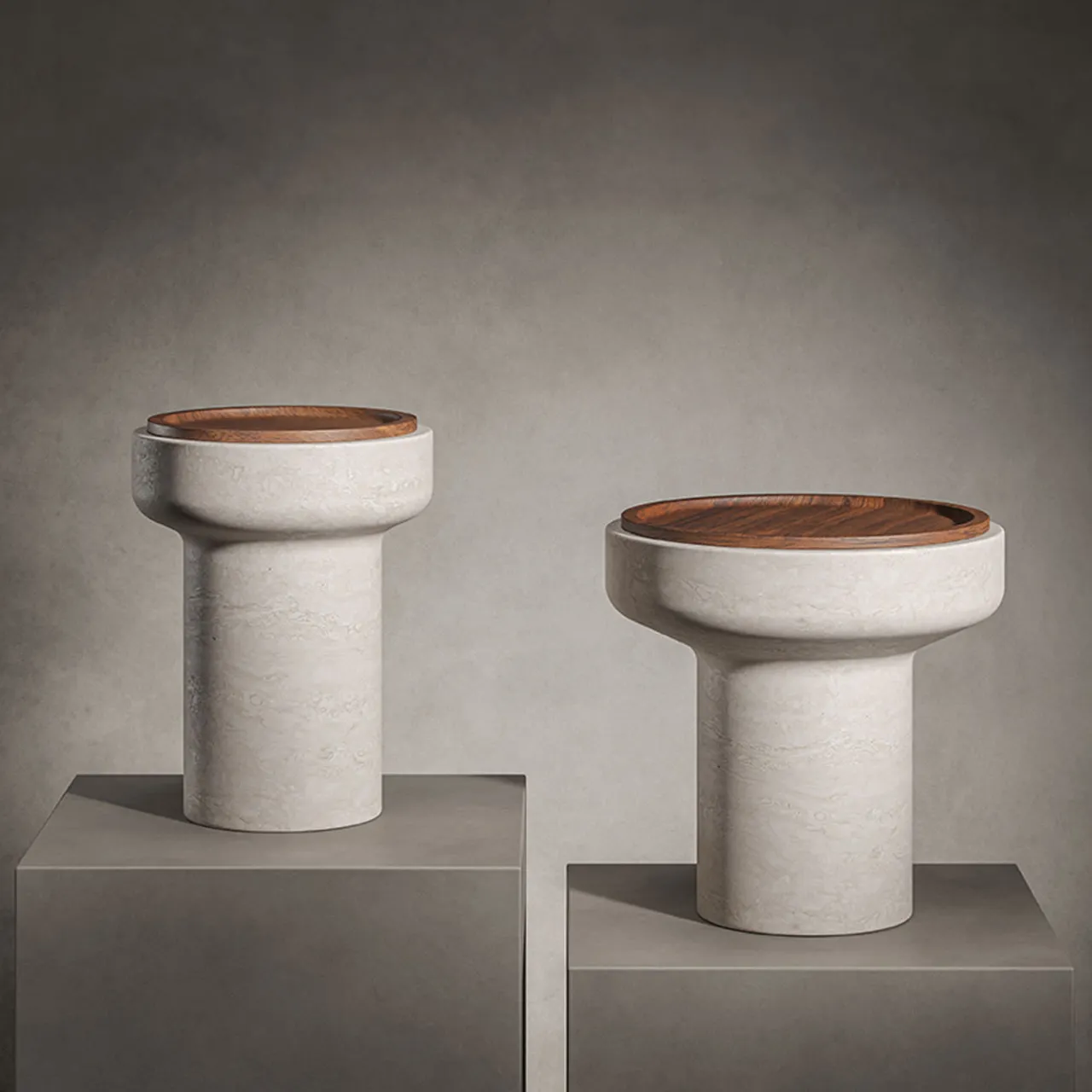 MMairo Side Tables<Tivoli Side Table in travertine and walnut by Ivan Colominas
