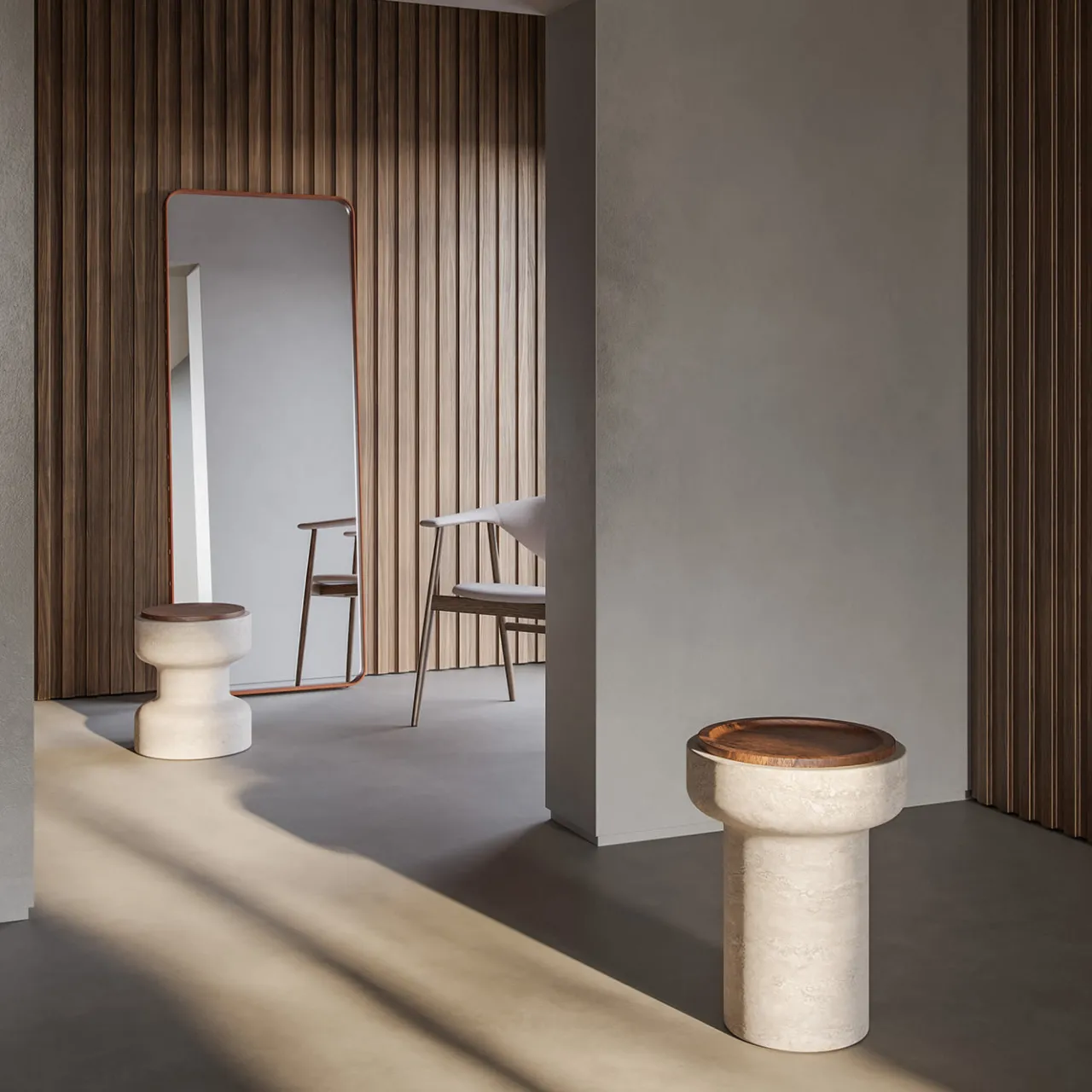 MMairo Side Tables<Tivoli Side Table in travertine and walnut by Ivan Colominas